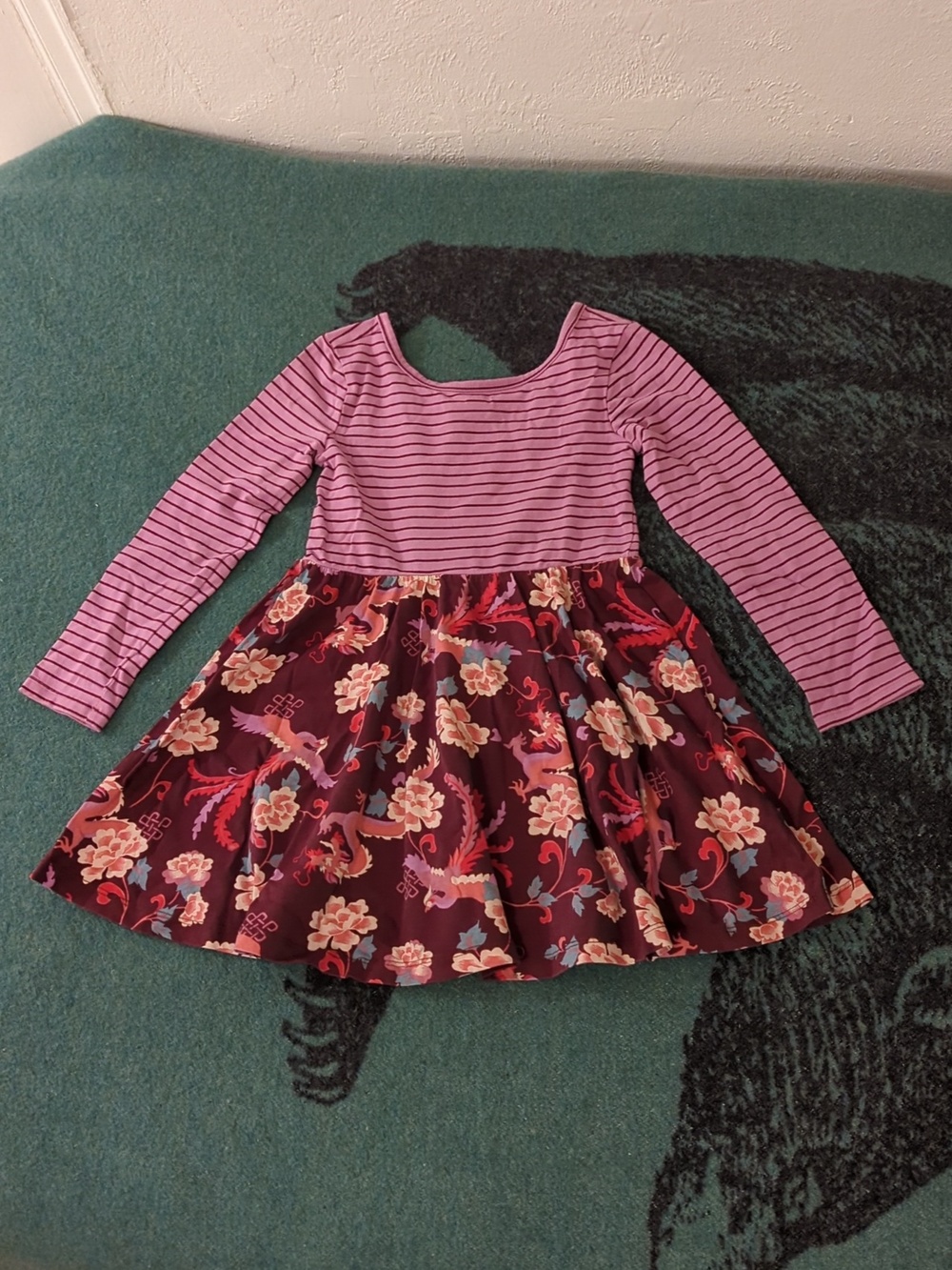 Tea Collection Stripes & Print Longsleeve Twirl Dress, Dragon & Phoenix, 5T